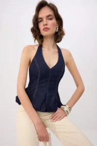 TRENDYOLMİLLA DARK BLUE Barbell Collar Balloon DENIM Blouse - Image 2