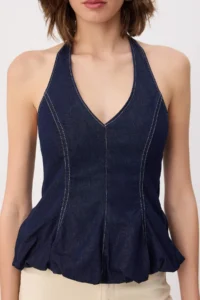 TRENDYOLMİLLA DARK BLUE Barbell Collar Balloon DENIM Blouse - Image 3
