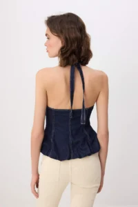 TRENDYOLMİLLA DARK BLUE Barbell Collar Balloon DENIM Blouse - Image 4