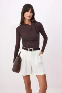 TRENDYOLMİLLA Brown Fitted Scarf Collar Long Sleeve Cotton Rib Knitting Blouse - Image 2