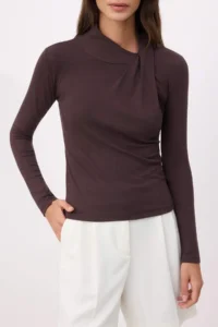 TRENDYOLMİLLA Brown Fitted Scarf Collar Long Sleeve Cotton Rib Knitting Blouse - Image 3