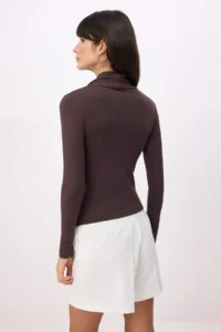 TRENDYOLMİLLA Brown Fitted Scarf Collar Long Sleeve Cotton Rib Knitting Blouse - Image 4
