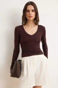 TRENDYOLMİLLA Brown Fitted V-neck Long Sleeve Cotton Rib Knitting Blouse
