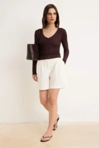 TRENDYOLMİLLA Brown Fitted V-neck Long Sleeve Cotton Rib Knitting Blouse - Image 2