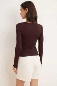 TRENDYOLMİLLA Brown Fitted V-neck Long Sleeve Cotton Rib Knitting Blouse - Image 3