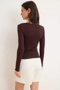 TRENDYOLMİLLA Brown Fitted V-neck Long Sleeve Cotton Rib Knitting Blouse - Image 4