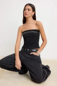 TRENDYOLMİLLA Black Fitted Strapless Sleeveless Hair Clip interlock Knitting Blouse - Image 2
