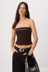 TRENDYOLMİLLA Brown Plain Regular Strapless Sleeveless Trok Detailed interlock Knitting Blouse