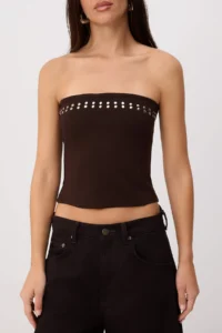 TRENDYOLMİLLA Brown Plain Regular Strapless Sleeveless Trok Detailed interlock Knitting Blouse - Image 3