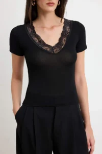 TRENDYOLMİLLA Black Regular/Normal Pattern V-neck Short Sleeve Lace Detailed Soft Knitting Blouse - Image 3