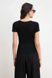 TRENDYOLMİLLA Black Regular/Normal Pattern V-neck Short Sleeve Lace Detailed Soft Knitting Blouse - Image 4