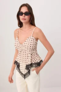 TRENDYOLMİLLA Multicolored Polka Dot Regular/Normal Pattern V-neck Lace Detailed Tulle Knitting Blouse - Image 2