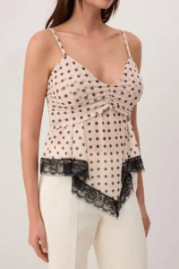 TRENDYOLMİLLA Multicolored Polka Dot Regular/Normal Pattern V-neck Lace Detailed Tulle Knitting Blouse - Image 3