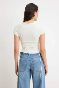 TRENDYOLMİLLA Ecru Fitted Short Sleeve Shirred Soft Knitting Blouse - Image 4