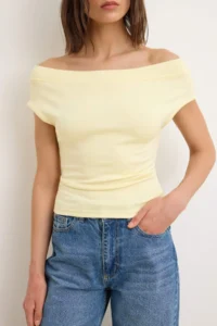 TRENDYOLMİLLA Yellow Fitted Carmen Collar Sleeveless Flexible Knitting Blouse - Image 3