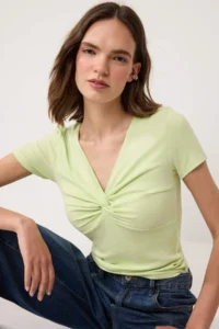 TRENDYOLMİLLA Peanut Green Fitted V-neck Shirred Soft Knitting Blouse - Image 2