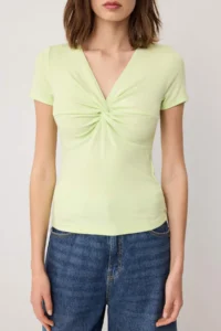 TRENDYOLMİLLA Peanut Green Fitted V-neck Shirred Soft Knitting Blouse - Image 3