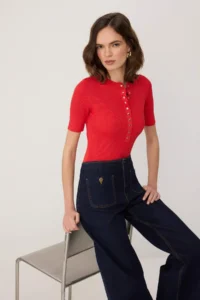 TRENDYOLMİLLA Red Snap Button Detailed Ribbed Summer Knitwear Blouse - Image 2