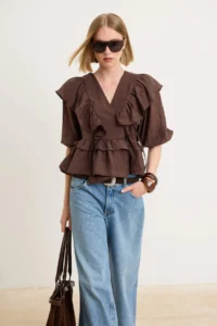 TRENDYOLMİLLA Brown Frilly Tencel Blouse