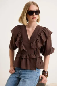 TRENDYOLMİLLA Brown Frilly Tencel Blouse - Image 2
