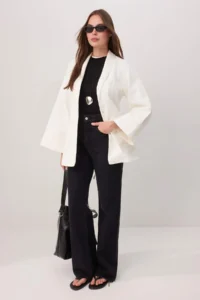 TRENDYOLMİLLA Ecru Arched 100% Cotton Oversized DENIM Jacket - Image 3