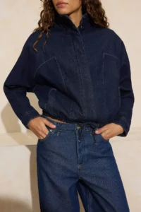 TRENDYOLMİLLA DARK BLUE Dog collar Bomber Jacket 100% Cotton DENIM Jacket - Image 4