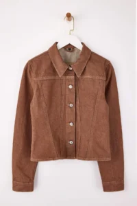 TRENDYOLMİLLA Limited Edition Brown Trucker Fitted 100% Cotton DENIM Jacket - Image 6