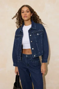 TRENDYOLMİLLA Mavi Draped Accessory Detailed 100% Cotton DENIM Jacket - Image 3