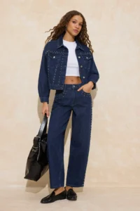 TRENDYOLMİLLA Mavi Draped Accessory Detailed 100% Cotton DENIM Jacket - Image 4