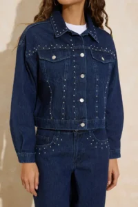 TRENDYOLMİLLA Mavi Draped Accessory Detailed 100% Cotton DENIM Jacket - Image 5