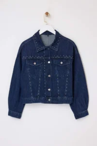 TRENDYOLMİLLA Mavi Draped Accessory Detailed 100% Cotton DENIM Jacket - Image 7