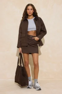 TRENDYOLMİLLA Brown Velvet Collar Detailed Coated Material 100% Cotton Oversized DENIM Jacket - Image 2