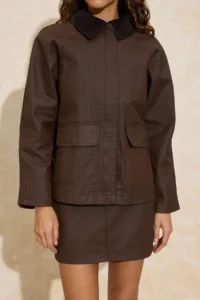 TRENDYOLMİLLA Brown Velvet Collar Detailed Coated Material 100% Cotton Oversized DENIM Jacket - Image 3
