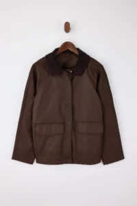TRENDYOLMİLLA Brown Velvet Collar Detailed Coated Material 100% Cotton Oversized DENIM Jacket - Image 5
