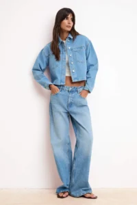 TRENDYOLMİLLA Mavi Crop/Short Pattern Basic 100% Cotton DENIM Jacket - Image 2