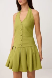 TRENDYOLMİLLA Green pleated Short / Mini Weaving Dress - Image 3