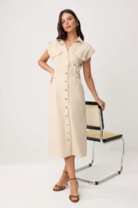 TRENDYOLMİLLA Stone Accessory Detailed Midi Weaving Shirt Dress