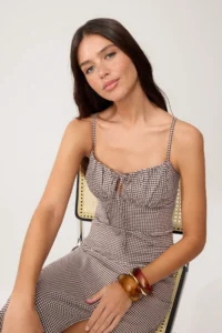 TRENDYOLMİLLA Brown Plaid/Checkered Binding Detailed Sleeveless Midi Weaving Dress - Image 2