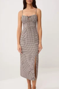 TRENDYOLMİLLA Brown Plaid/Checkered Binding Detailed Sleeveless Midi Weaving Dress - Image 3