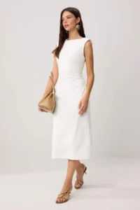 TRENDYOLMİLLA Ecru Lined Back Detailed Midi Flexible Weaving Dress