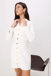 TRENDYOLMİLLA Ecru Gold buttoned Long Sleeve Mini Gabardine Weaving Dress