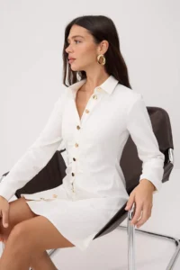 TRENDYOLMİLLA Ecru Gold buttoned Long Sleeve Mini Gabardine Weaving Dress - Image 2