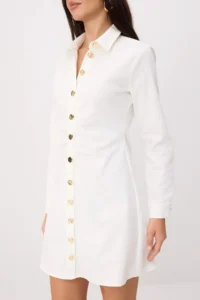 TRENDYOLMİLLA Ecru Gold buttoned Long Sleeve Mini Gabardine Weaving Dress - Image 3