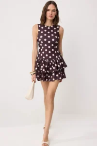 TRENDYOLMİLLA Brown Polka Dot Sleeveless Satin OF shorts Frilly Knitting Dress
