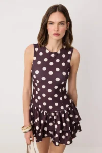 TRENDYOLMİLLA Brown Polka Dot Sleeveless Satin OF shorts Frilly Knitting Dress - Image 2