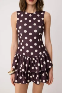 TRENDYOLMİLLA Brown Polka Dot Sleeveless Satin OF shorts Frilly Knitting Dress - Image 3