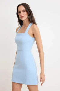 TRENDYOLMİLLA Light Blue Bant Sleeveless Mini Flexible Weaving Dress - Image 2
