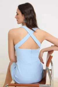 TRENDYOLMİLLA Light Blue Bant Sleeveless Mini Flexible Weaving Dress - Image 4