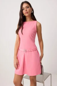 TRENDYOLMİLLA Pink Belt Detailed Short / Mini Weaving Dress - Image 2
