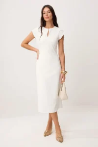 TRENDYOLMİLLA Ecru Lined Accessory Detailed Sleeveless Midi Flexible Weaving Dress